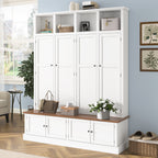 76.7''H Farmhouse Hall Tree with Bench and Cabinet, 4-in-1 Entryway Bench with Coat Rack, Modern Entryway Storage Organizer with Open Cubbies & Hooks for Hallway, Entryway, Living Roo - Grand Goldman Shop