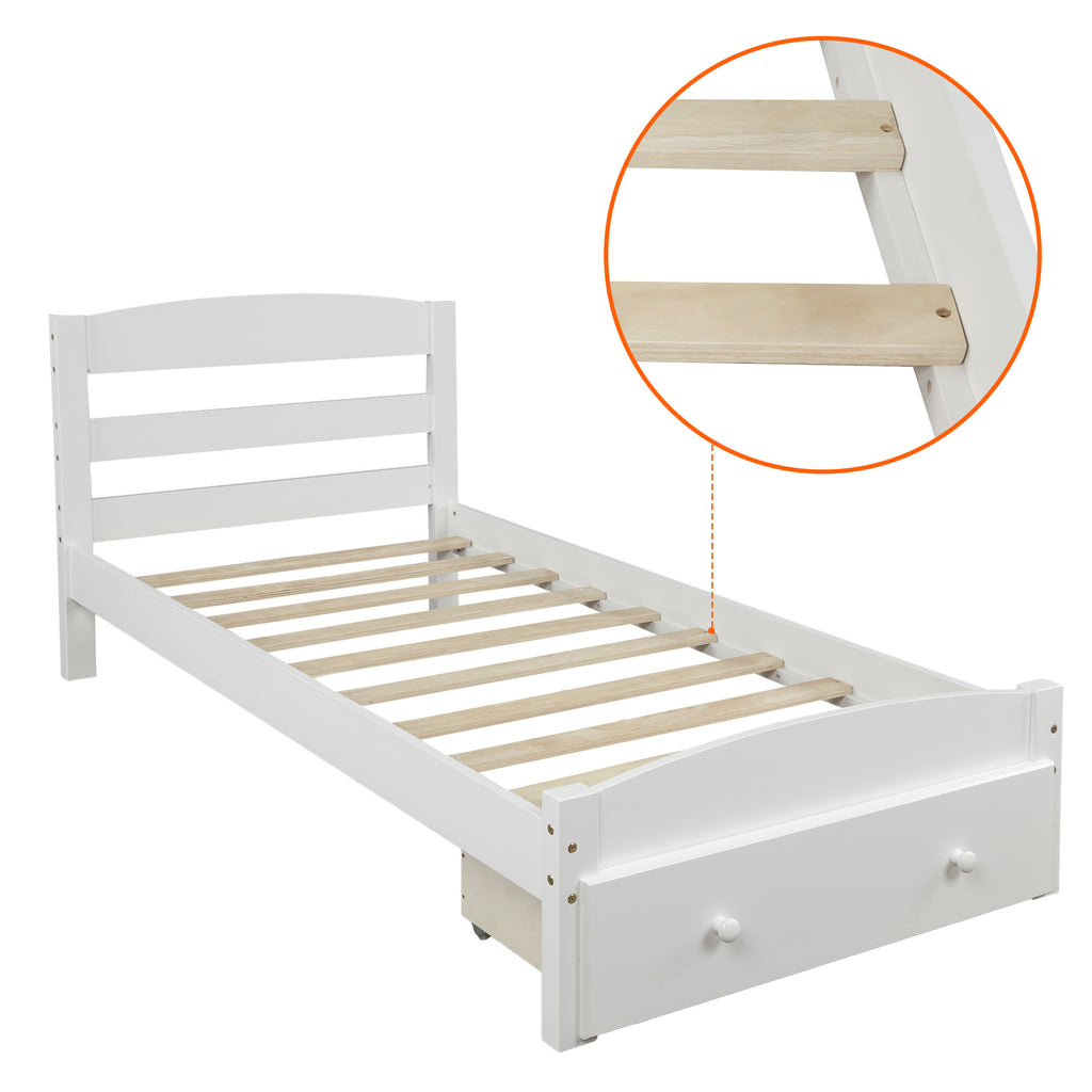 Classic Pine Wood Platform Twin Bed Frame with Storage Drawer, White Finish, No Box Spring Needed - Grand Goldman Shop