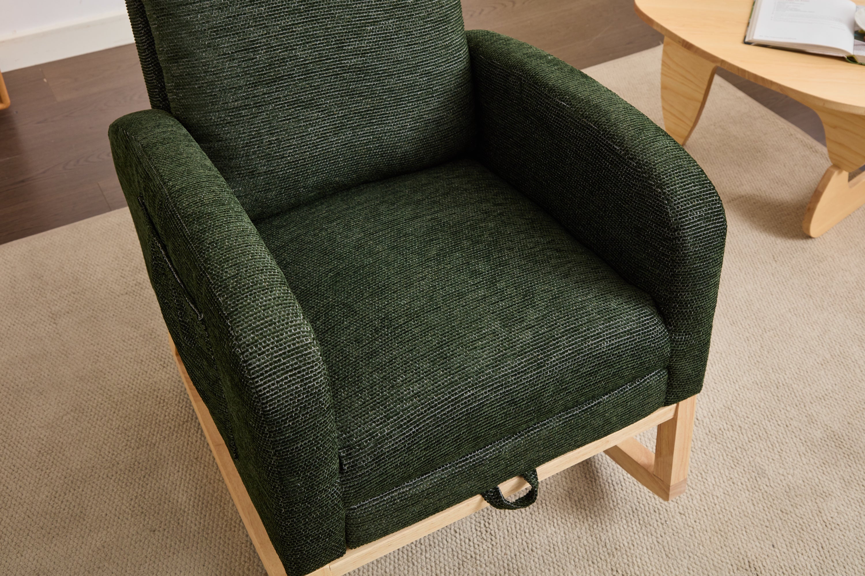 Modern Accent Rocking Chair Rocking Chair with Solid Wood Legs, Upholstered Nursery Glider Rocker, Comfy Armchair with Side Pocket, Living Room Lounge Arm Chair with High Backrest fabric - Grand Goldman Shop