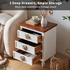 Vintage Farmhouse End Table with Floral Knobs – 19' Rustic Nightstand with 3 Drawers & Gourd Legs,Bedside or Sofa Accent Table, Almost Fully Assembled, Distressed White - Grand Goldman Shop