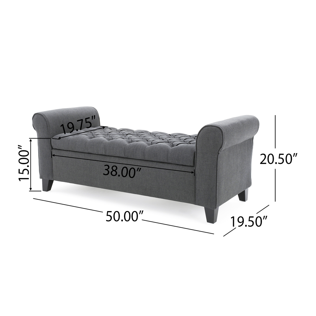 HAYES Contemporary Armed Storage Bench with Rolled Arms and Button Tufting in Dark Gray Fabric - Grand Goldman Shop