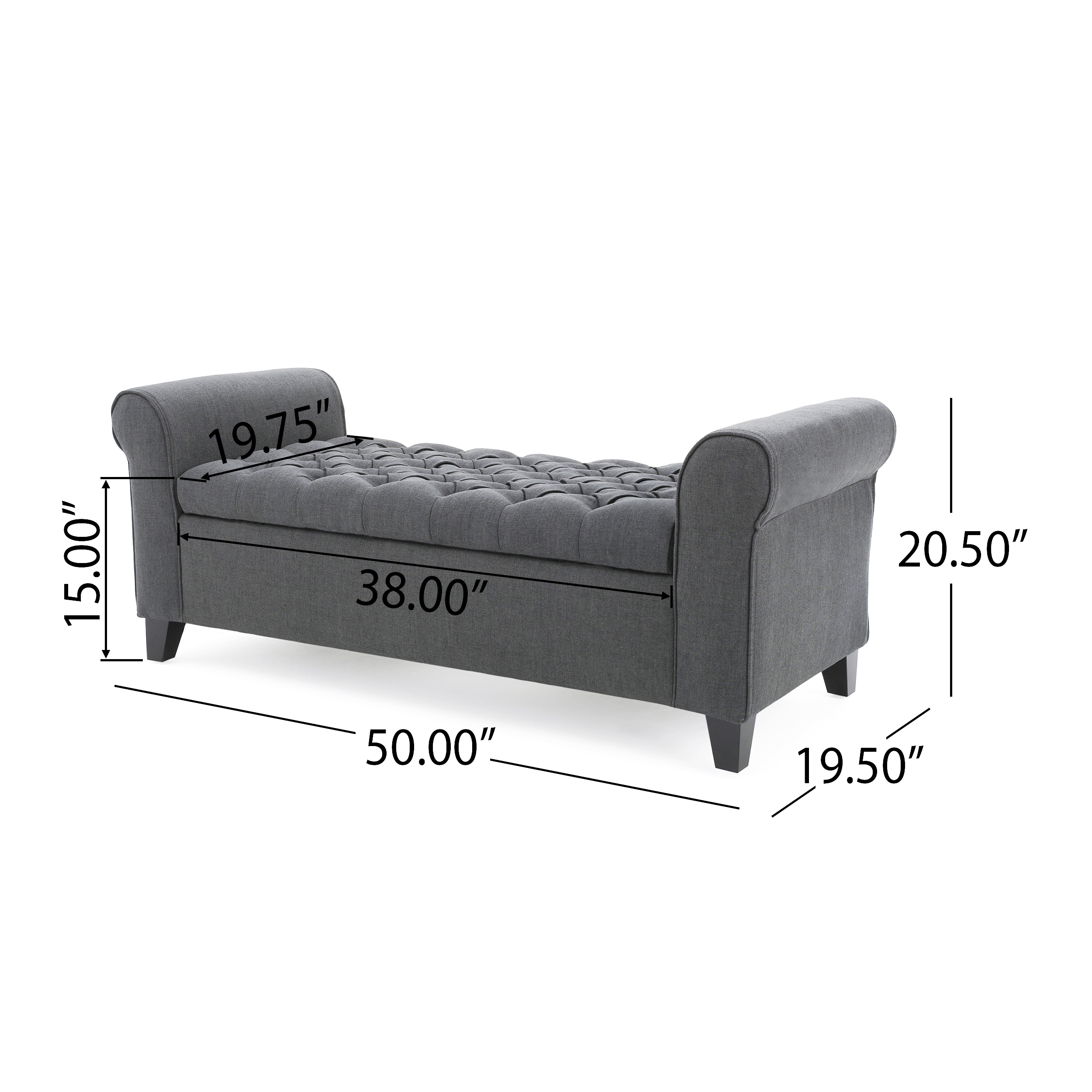 HAYES Contemporary Armed Storage Bench with Rolled Arms and Button Tufting in Dark Gray Fabric - Grand Goldman Shop