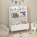 Kids Bookshelf White MDF and Pine Legs Book Organizer with Toy Storage, 26.77 x 12.60 x 36.61 inches | Premium Home Decor - G