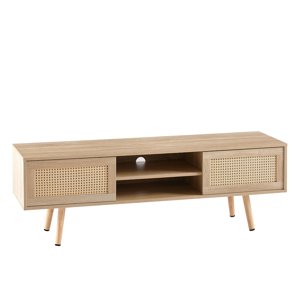 Natural Rattan TV Cabinet with Double Sliding Doors, Adjustable Shelf, Solid Wood Legs, 55.12 Inches - Grand Goldman Shop