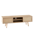 Natural Rattan TV Cabinet with Double Sliding Doors, Adjustable Shelf, Solid Wood Legs, 55.12 Inches - Grand Goldman Shop