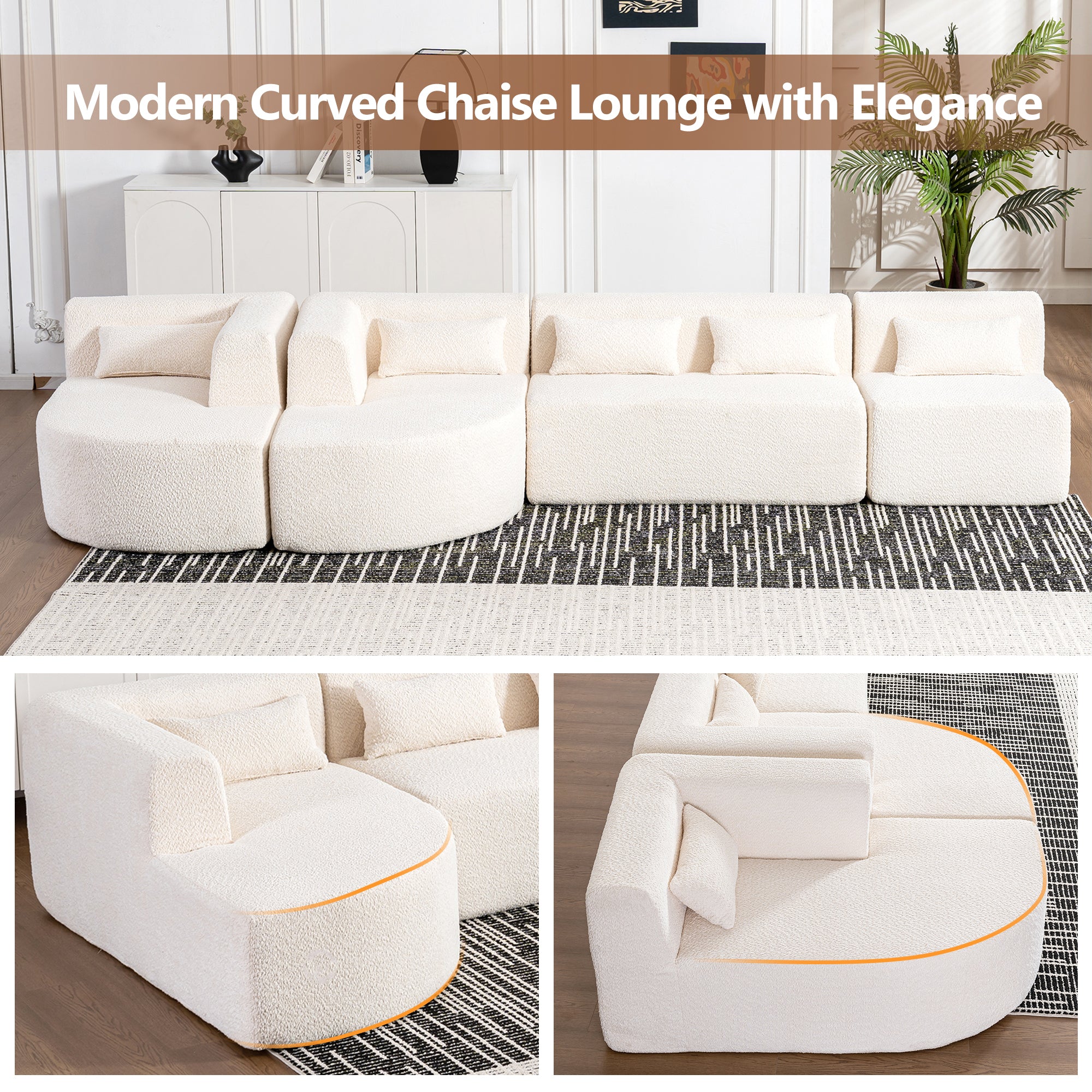 Modern Upholstered L-Shape Sofa with Chaise Lounge and Back Pillows, Beige Boucle Fabric, 144 inches - Grand Goldman Shop