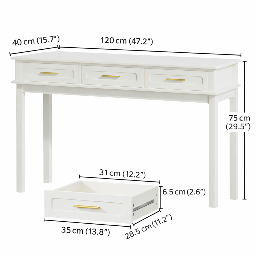 Cream White Vanity Desk with 3 Drawers, Modern Makeup Table or Writing Desk, Multipurpose Dressing Table for Bedroom, No Mirror Included - Grand Goldman Shop