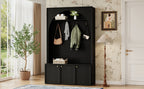 ON-TREND Farmhouse All-in-One Hall Tree with Adjustable Shelves, Retro Arched Entryway Storage Bench with 3 Cabinets, Wooden Coat Rack Organizer with 4 Golden Hooks for Mudroom, Hallway, Black - Grand Goldman Shop