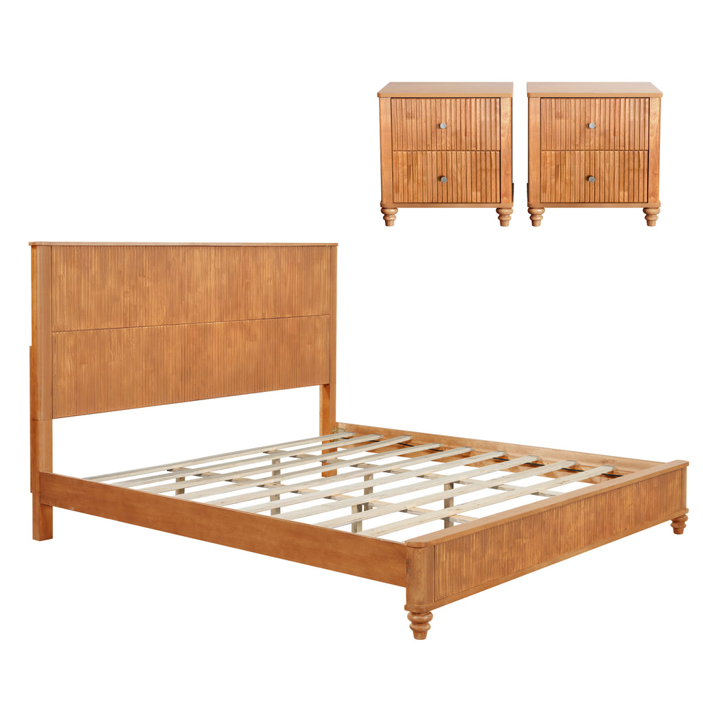 3-Piece Bedroom set with a King Size Bed and 2 Nightstands, Natural - Grand Goldman Shop