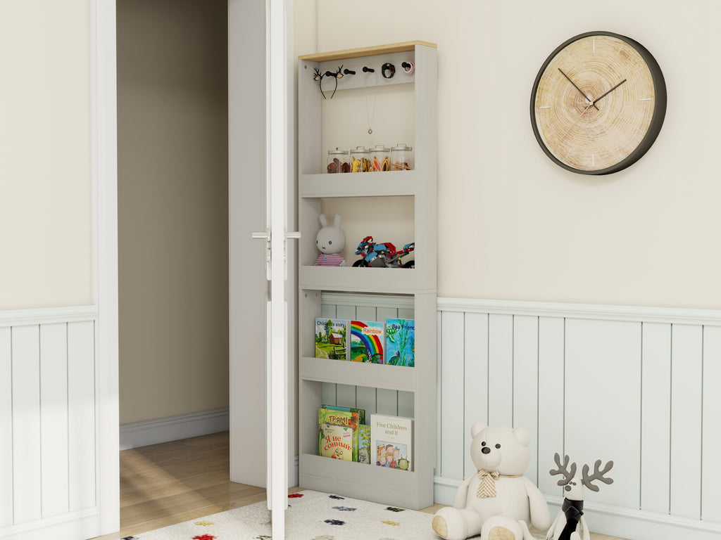 Behind The Door 69' Tall Bookcase with 4 Shelves and 5 hooks,  Space-Saving Narrow storage cabinet for Living Room, Children's Room, Study Room, Kitchen, Corridor-Antique White - Grand Goldman Shop