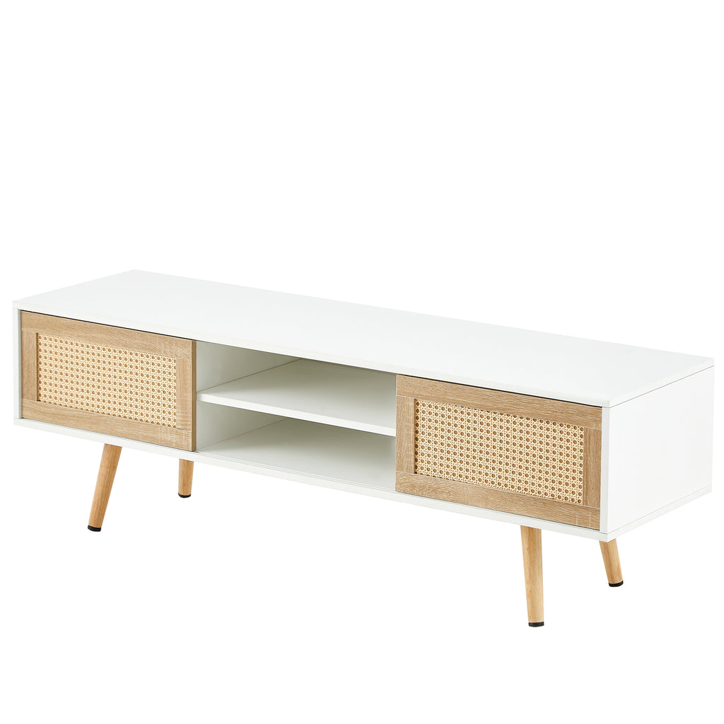 Modern Rattan TV Cabinet with Double Sliding Doors, Adjustable Shelf, Solid Wood Legs, White, 55.12 inches - Grand Goldman Shop