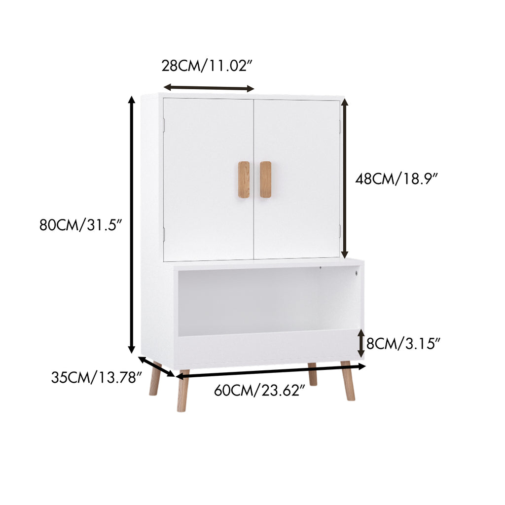 Kids Toy Storage Cabinet with Doors and Open Shelf, White Modern Wooden Organizer with Natural Wood Legs, Toddler Bookshelf f