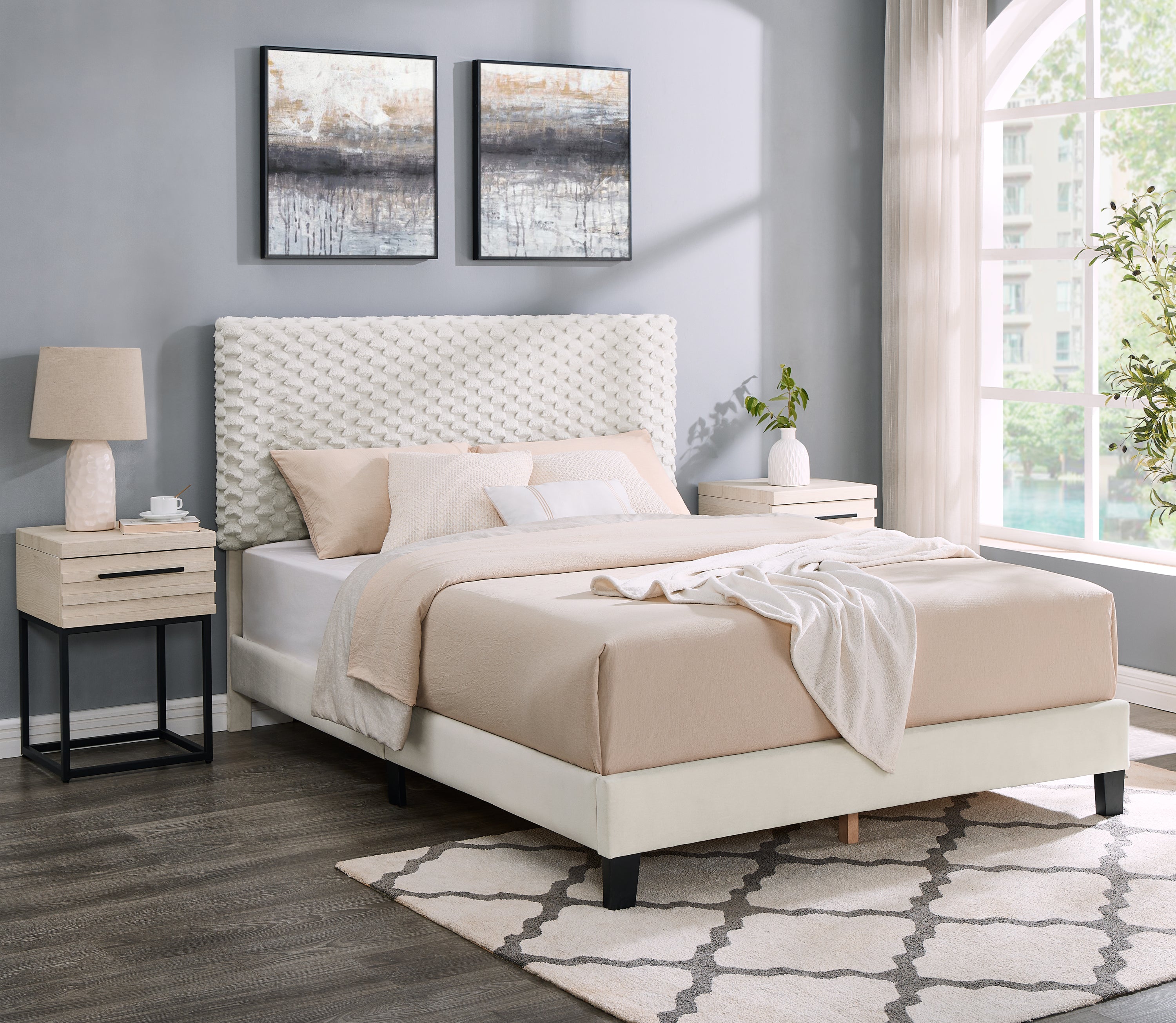 Findlay 3-Piece Bedroom Set, Plush 3D Upholstered Bed with Two Nightstands, Full - Grand Goldman Shop