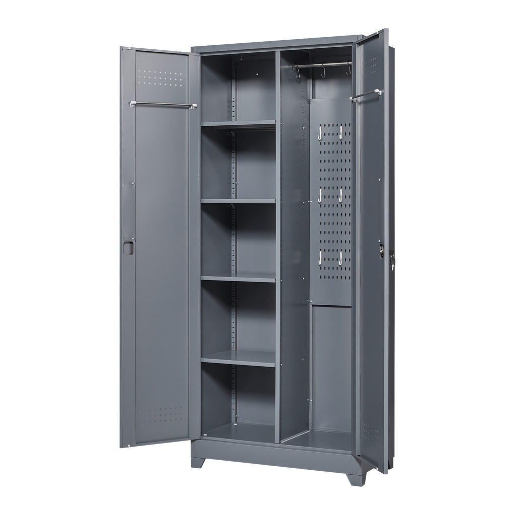 Gray And White Color Metal Lockers, Cleaning Tool Cabinets With Locking Doors, High Broom Tool Storage Cabinets, Adjustable S