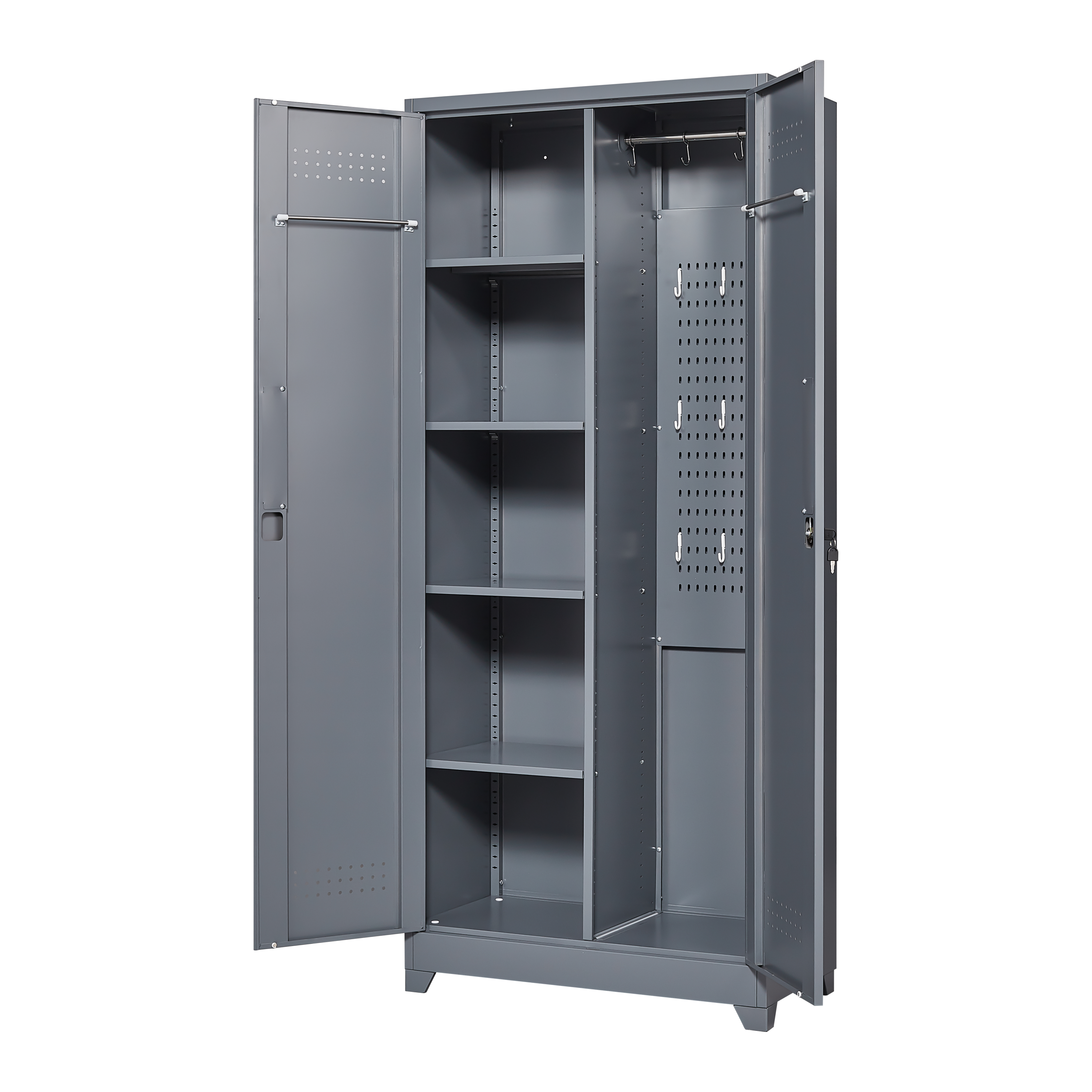 Gray And White Color Metal Lockers, Cleaning Tool Cabinets With Locking Doors, High Broom Tool Storage Cabinets, Adjustable S