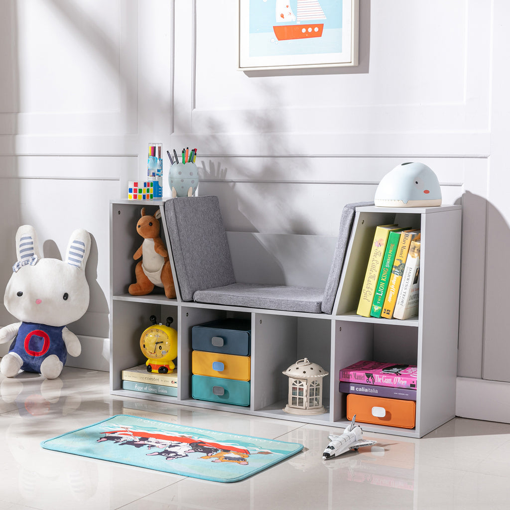 6-Cubby Kids Bookcase with Reading Nook and Cushion, Multi-Purpose Storage Organizer for Bedroom, Living Room, Grey - Grand G