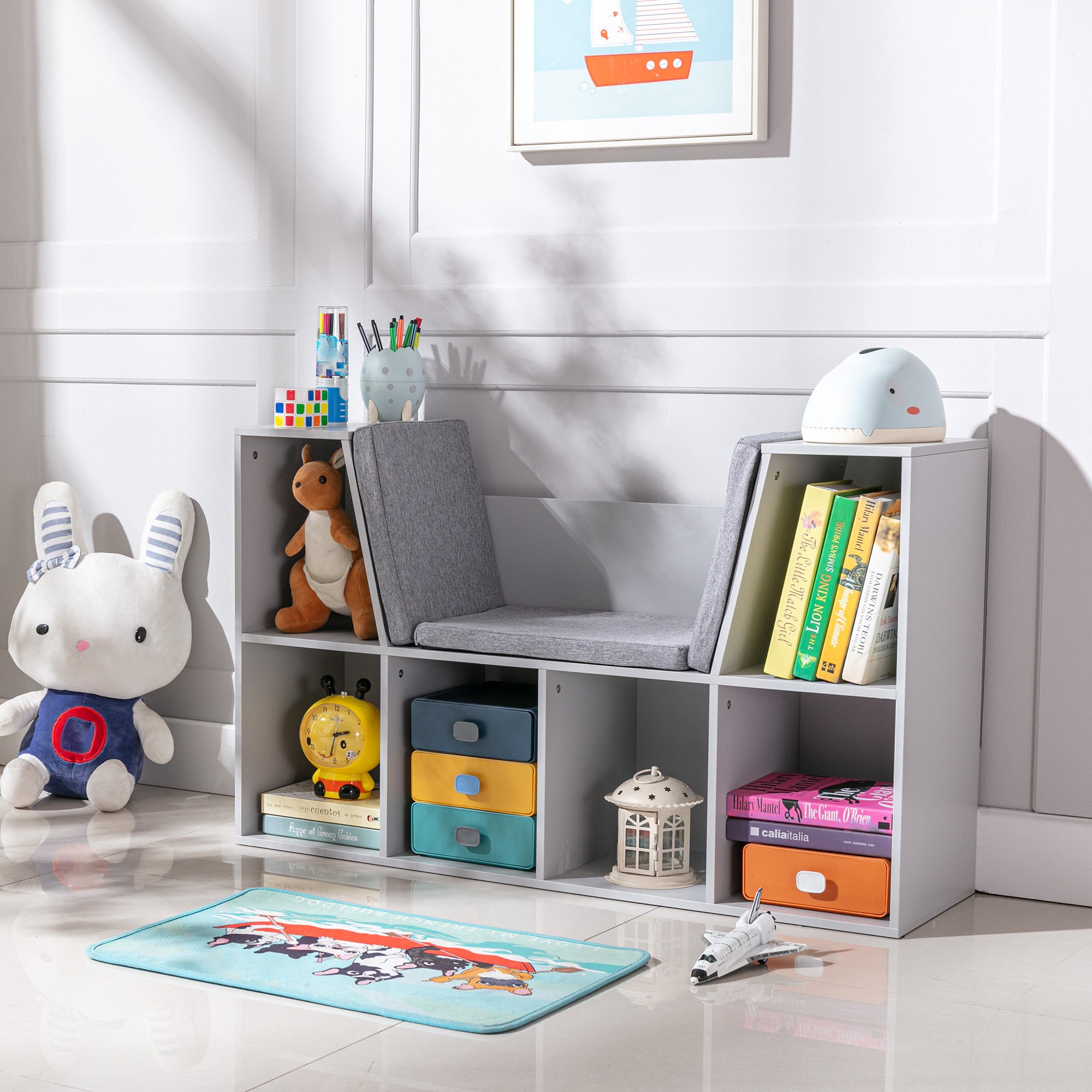 6-Cubby Kids Bookcase with Reading Nook and Cushion, Multi-Purpose Storage Organizer for Bedroom, Living Room, Grey - Grand G