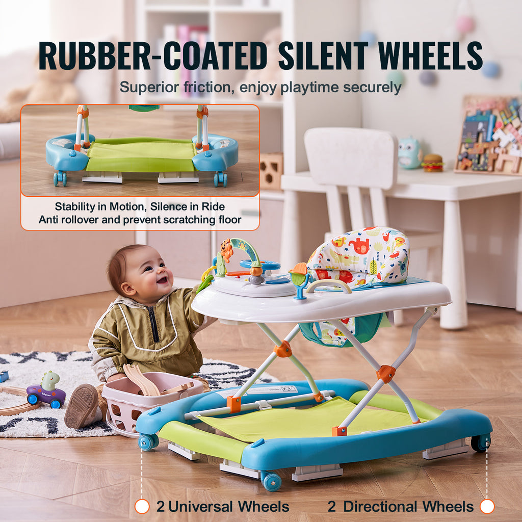 Stylish 4-in-1 Baby Walker, Foldable Baby Activity Center on Wheels, 3 Adjustable Height, Music & Toys Tray, Learning-Seated,