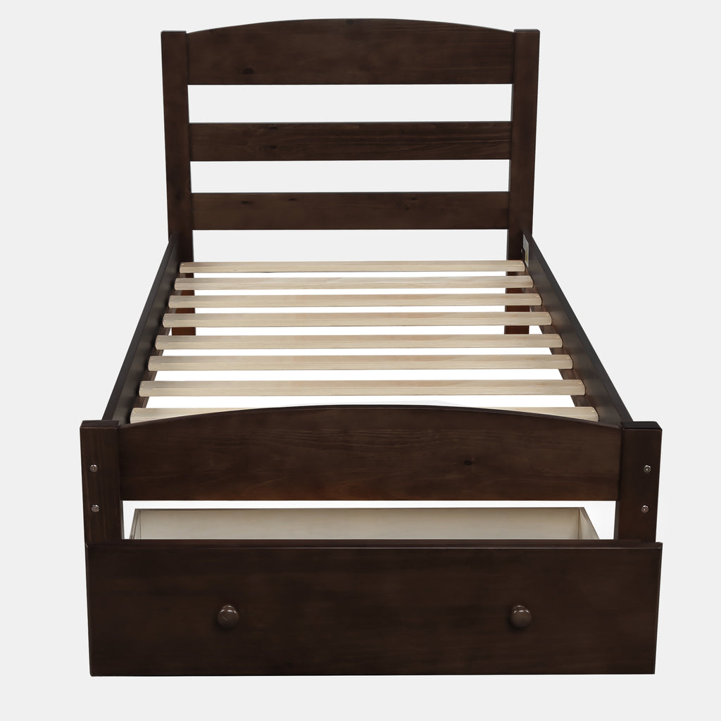 Espresso Platform Twin Bed Frame with Storage Drawer and Wood Slat Support, No Box Spring Needed - Grand Goldman Shop