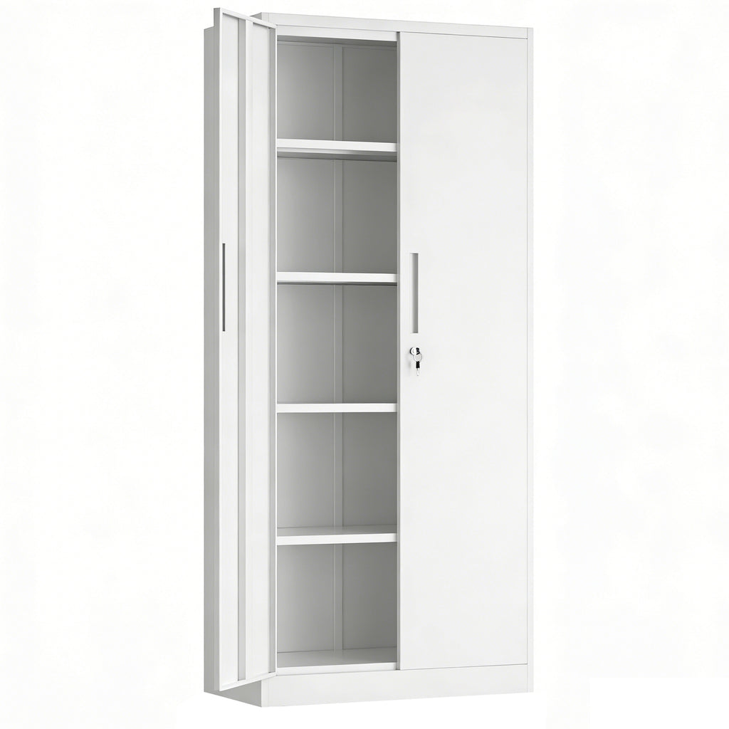 71'H Metal Garage Storage Cabinet, White Tool Steel Locking Cabinet with Doors and 4 Adjustable Shelves, Tall Cabinets for Ga