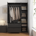 4 Doors Wardrobe Closet with Mirror, LED Wardrobe with Doors and 2 Drawers, Wooden Wardrobe Storage Cabinet with Hanging Rod, Adjustable Shelves, Black - Grand Goldman Shop