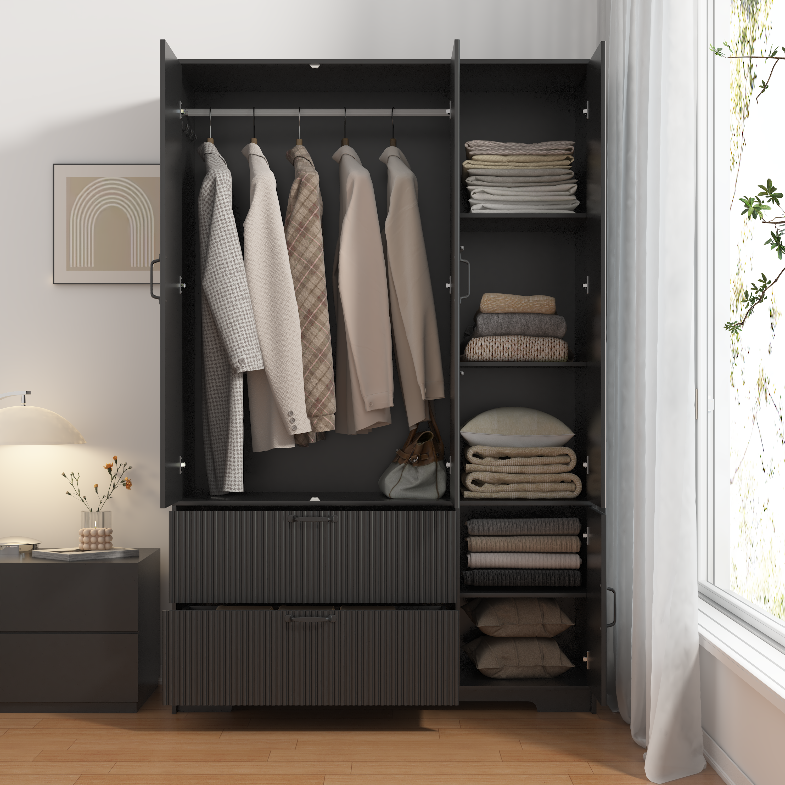 4 Doors Wardrobe Closet with Mirror, LED Wardrobe with Doors and 2 Drawers, Wooden Wardrobe Storage Cabinet with Hanging Rod, Adjustable Shelves, Black - Grand Goldman Shop