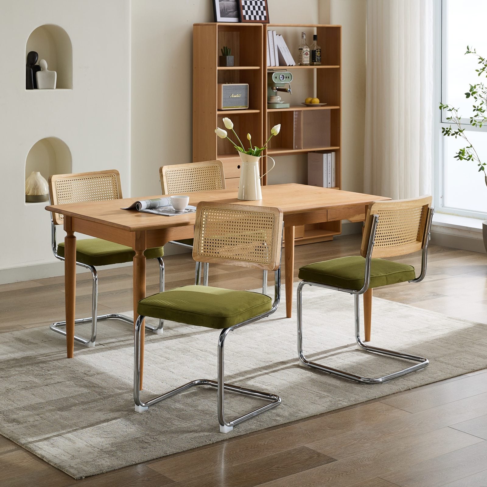 Mid Century Modern Dining Chairs Set of 2, Velvet Accent Chairs with Natural Cane Back & Stainless Chrome Base, Famous Breuer Designed Chairs, Upholstered Rattan Kitchen Chairs,Olive-Green - Grand Goldman Shop
