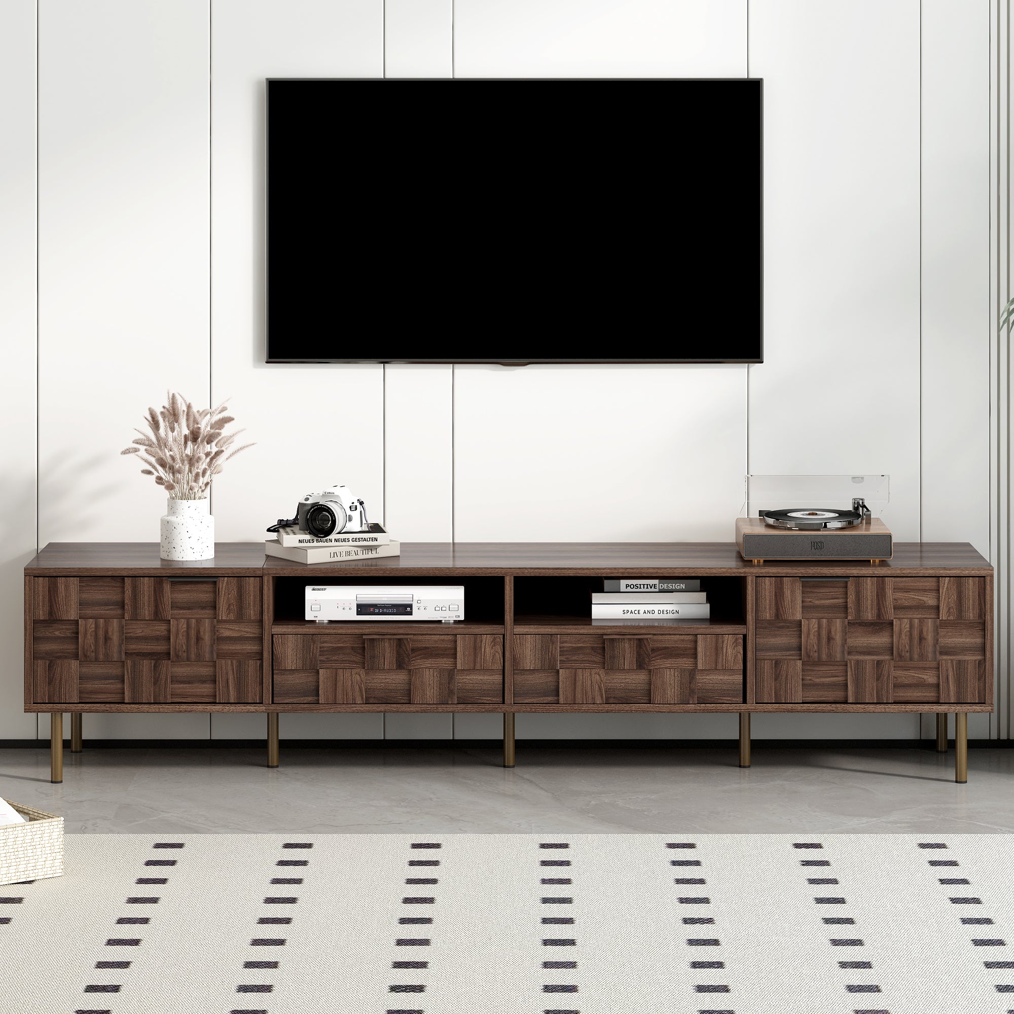 Mid Century TV Stand with 2 Drawers in Dark Brown, Media Console Table for TVs up to 85'', Made of Particle Board and MDF, 78.7'' x 15.7'' x 17.7'' - Grand Goldman Shop