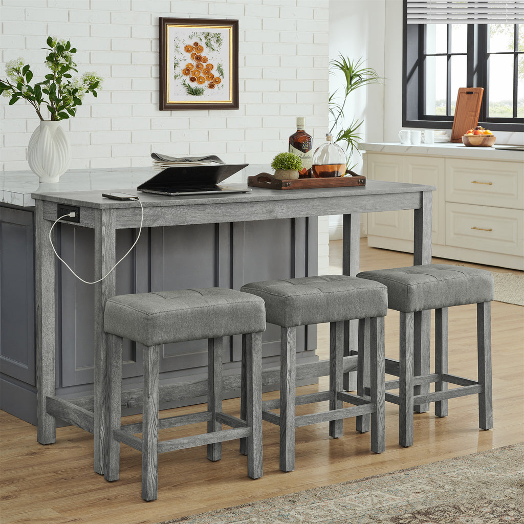 59 Inch Bar Table, Dining Table, Sofa Table with Power Outlet, 3 Upholstered Stools, 4 Piece Bar Table and Chair Set for Living Room, Dining Room, Kitchen - Grand Goldman Shop