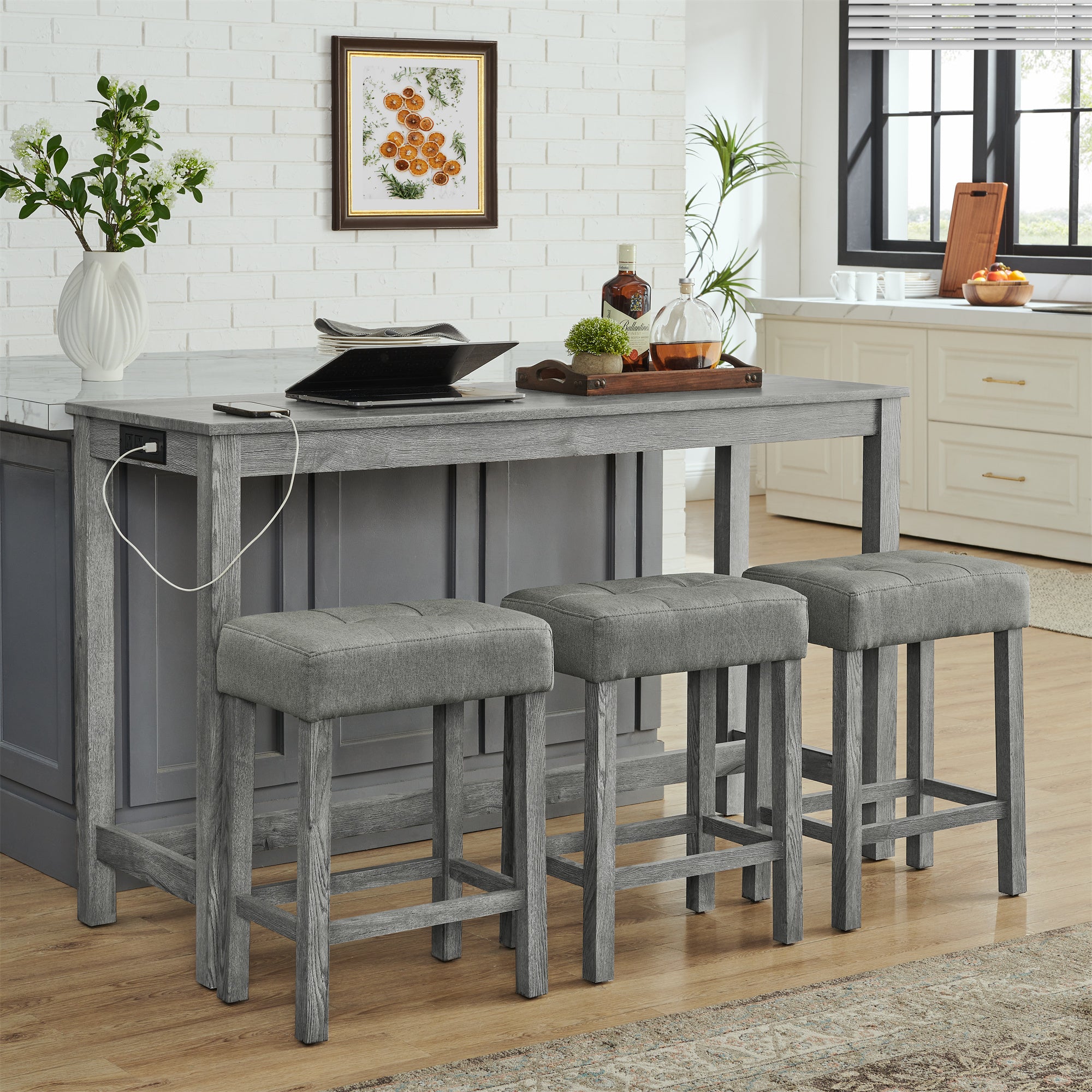 59 Inch Bar Table, Dining Table, Sofa Table with Power Outlet, 3 Upholstered Stools, 4 Piece Bar Table and Chair Set for Living Room, Dining Room, Kitchen - Grand Goldman Shop
