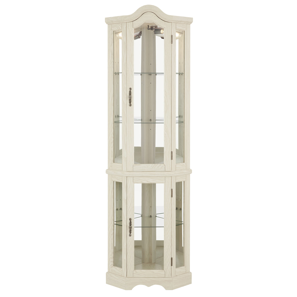 Curio Cabinet Lighted Glass Display Curio Cabinet w/Tempered Glass Doors and Shelves, Crown Corner Cabinet with Bulb, Corner Storage Decoration for Living room and Bedroom WHI - Grand Goldman Shop