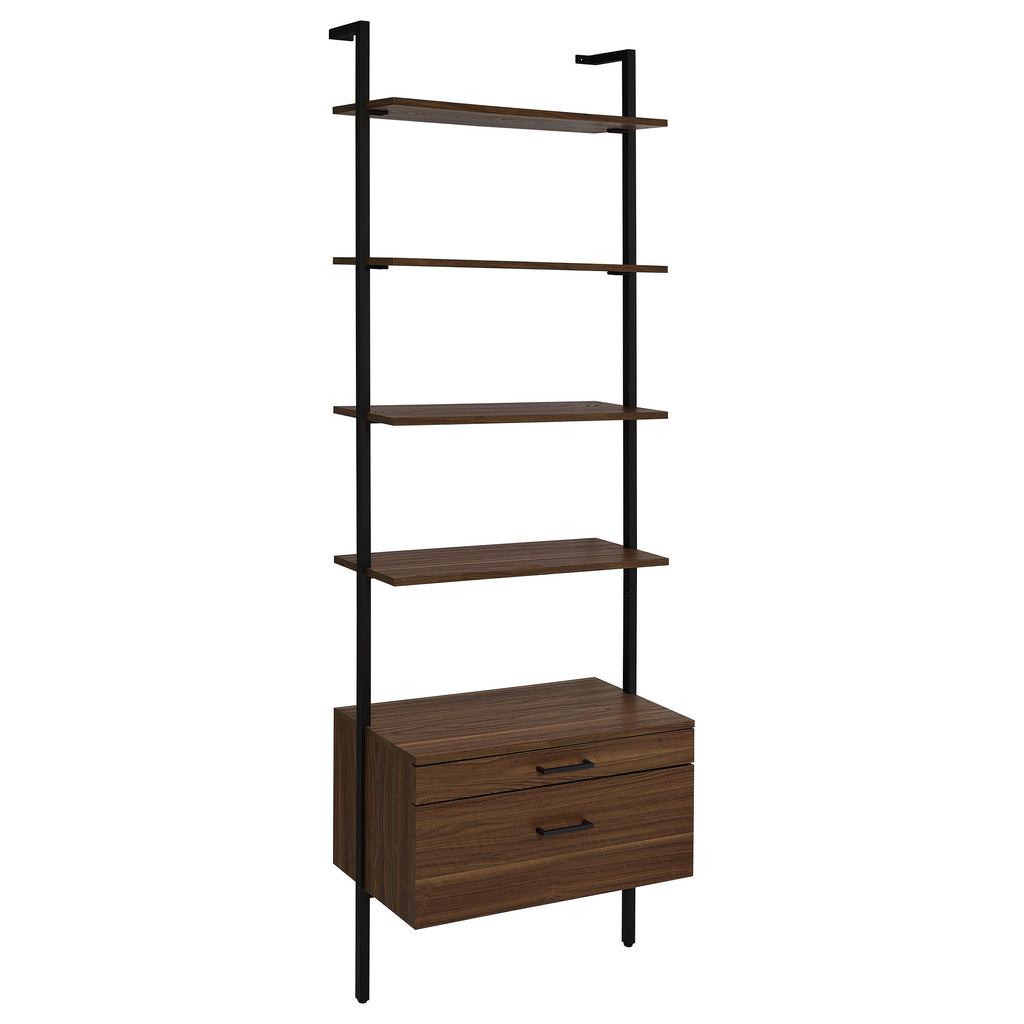 Wendell Walnut 4-Shelf Storage Wall Bookshelf with Drawer - Modern Industrial Style, Walnut Finish, Engineered Wood, 96in H x