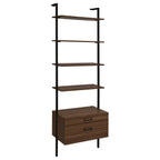 Wendell Walnut 4-Shelf Storage Wall Bookshelf with Drawer - Modern Industrial Style, Walnut Finish, Engineered Wood, 96in H x