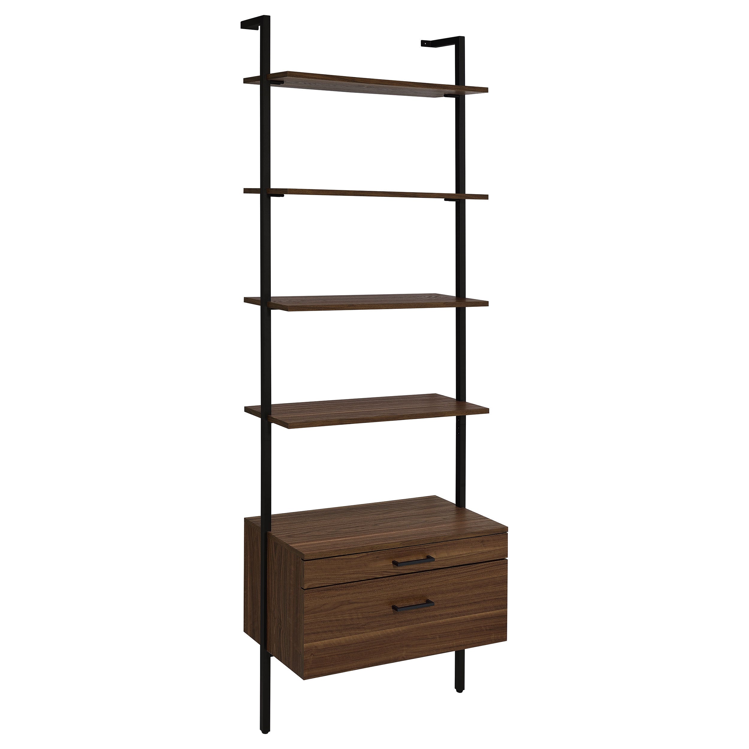 Wendell Walnut 4-Shelf Storage Wall Bookshelf with Drawer - Modern Industrial Style, Walnut Finish, Engineered Wood, 96in H x