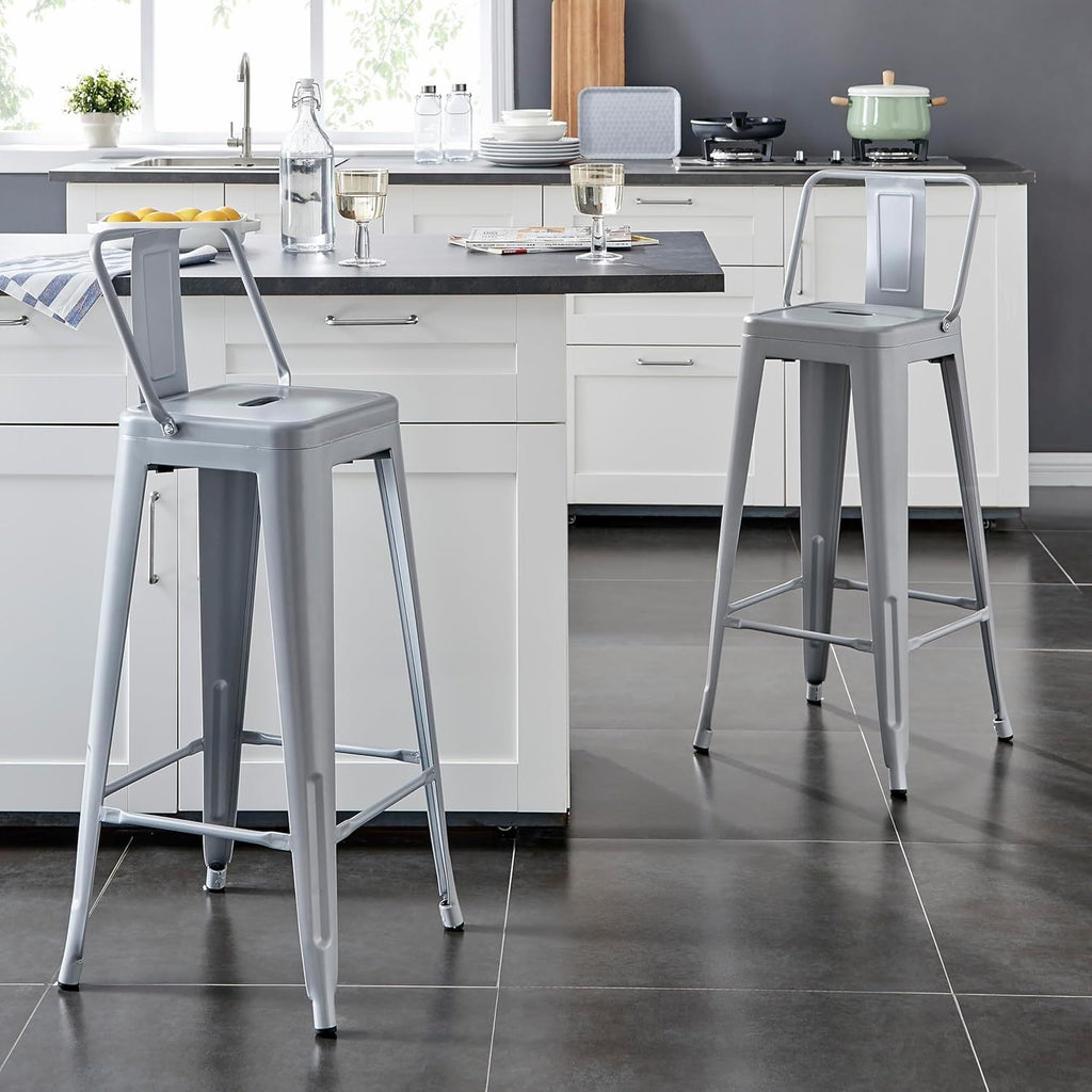 Modern Light Weight Industrial Contemporary Rustic Vintage Costal Metal Barstools with Bucket Back and 4 Leg Design, Seat Bar