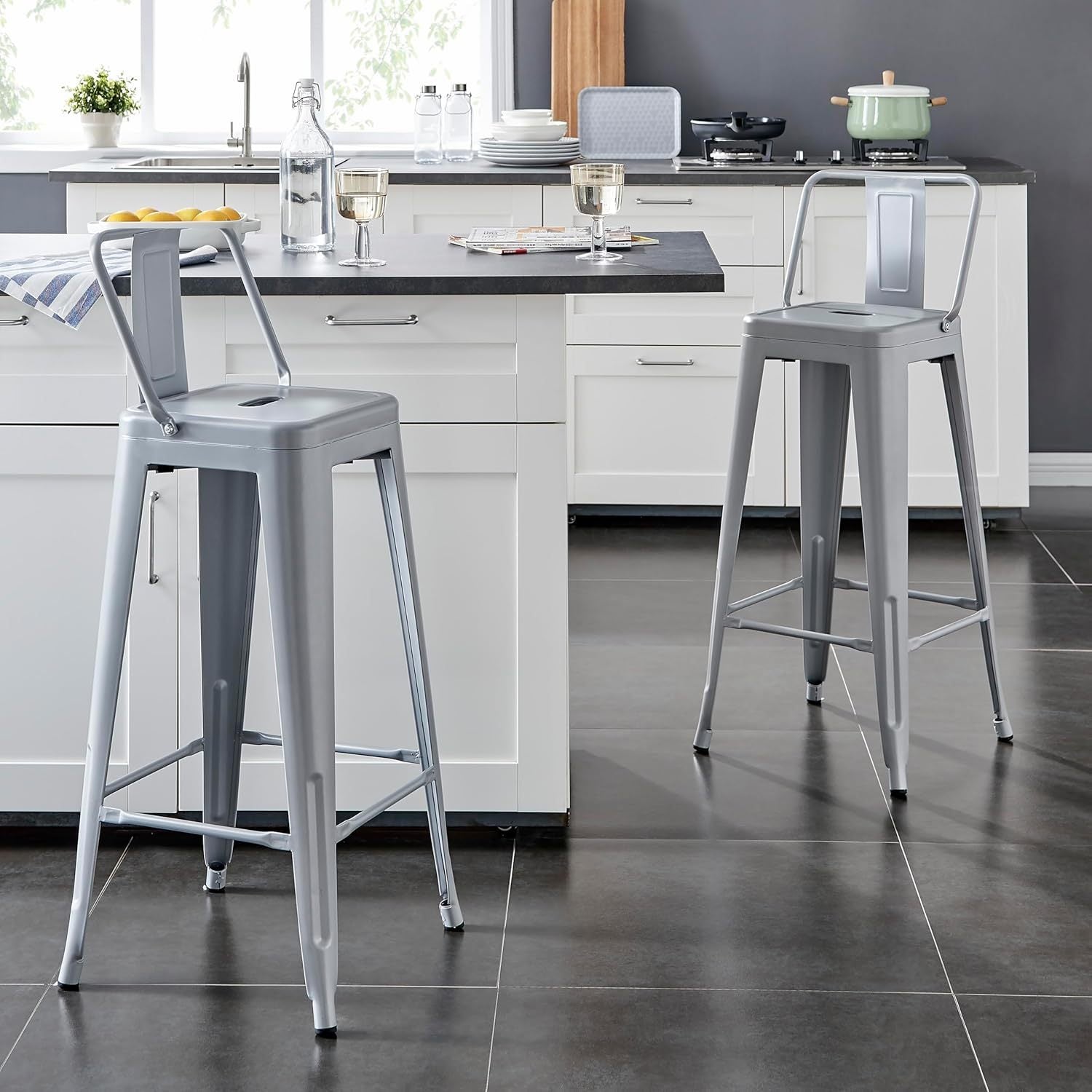 Modern Light Weight Industrial Contemporary Rustic Vintage Costal Metal Barstools with Bucket Back and 4 Leg Design, Seat Bar