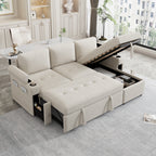 Convertible L-shaped Beige Sofa Couch with Storage, Cup Holders, USB Ports, Chenille Fabric - Grand Goldman Shop