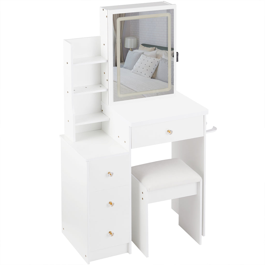29.2' Small Size Bedside Cabinet Vanity Table + Cushioned Stool, 2 AC+2 USB Power Station, Hair dryer bracket, Extra Large Touch Control Sliding LED Mirror, 3-color Switching, EPA, GCC, UL Certificate - Grand Goldman Shop