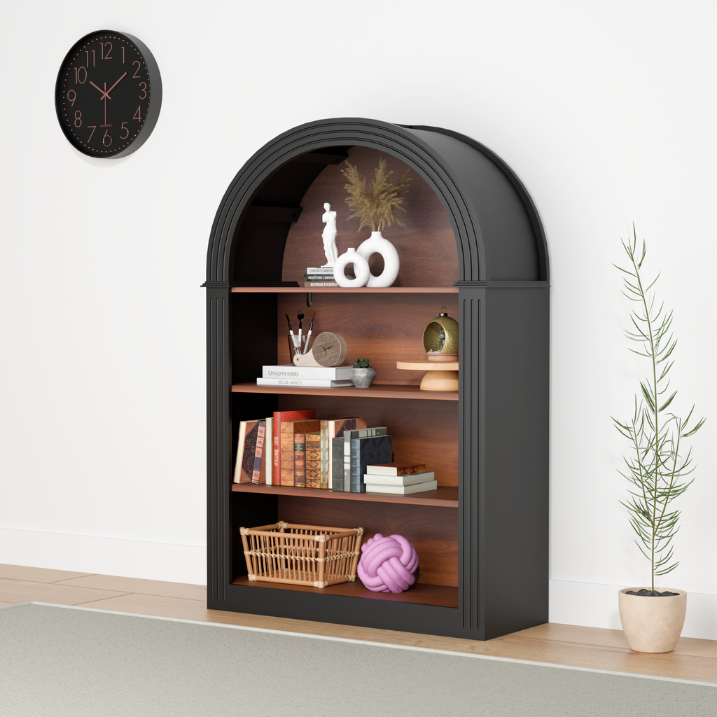 Bookcase, 4-Shelf Tall Bookshelf, 45.66' Wood Open Display Floor Arched Bookcase, Large Storage Organizer for Library, Bedroom, and Living Room (Black) - Grand Goldman Shop