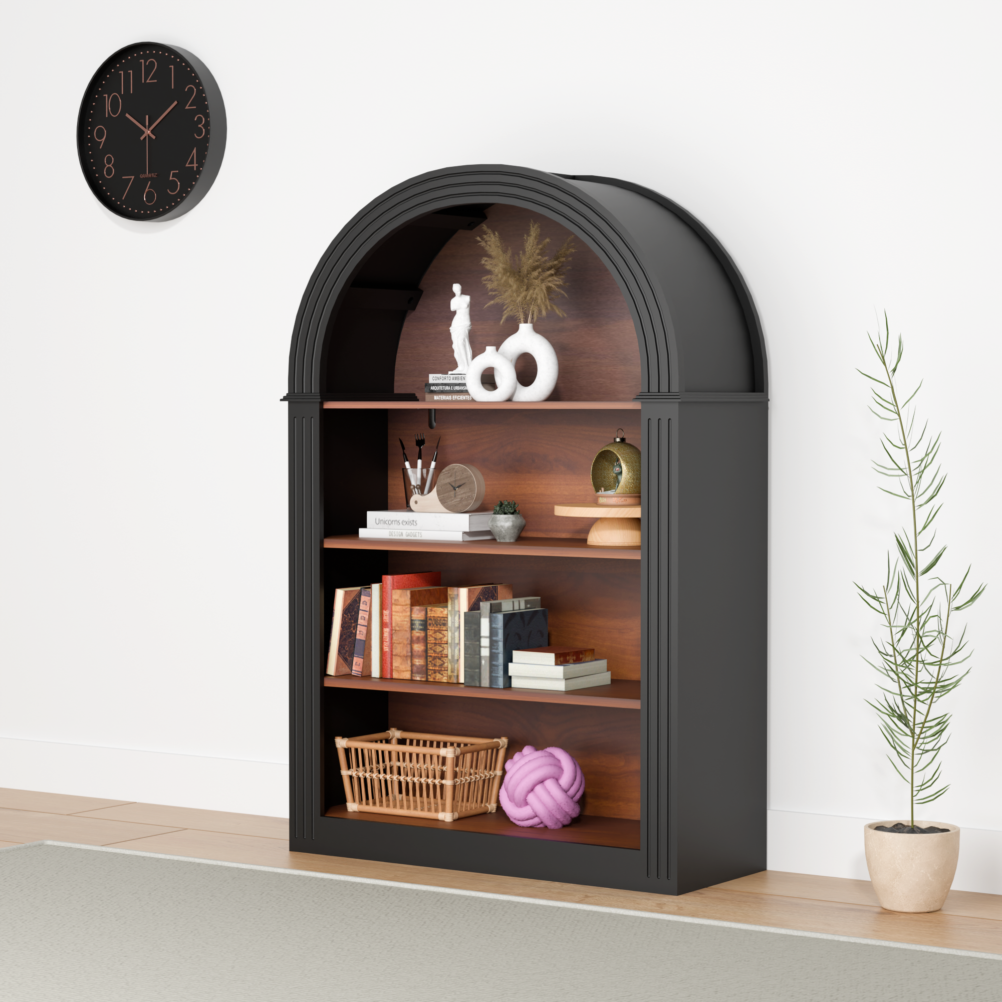 Bookcase, 4-Shelf Tall Bookshelf, 45.66' Wood Open Display Floor Arched Bookcase, Large Storage Organizer for Library, Bedroom, and Living Room (Black) - Grand Goldman Shop