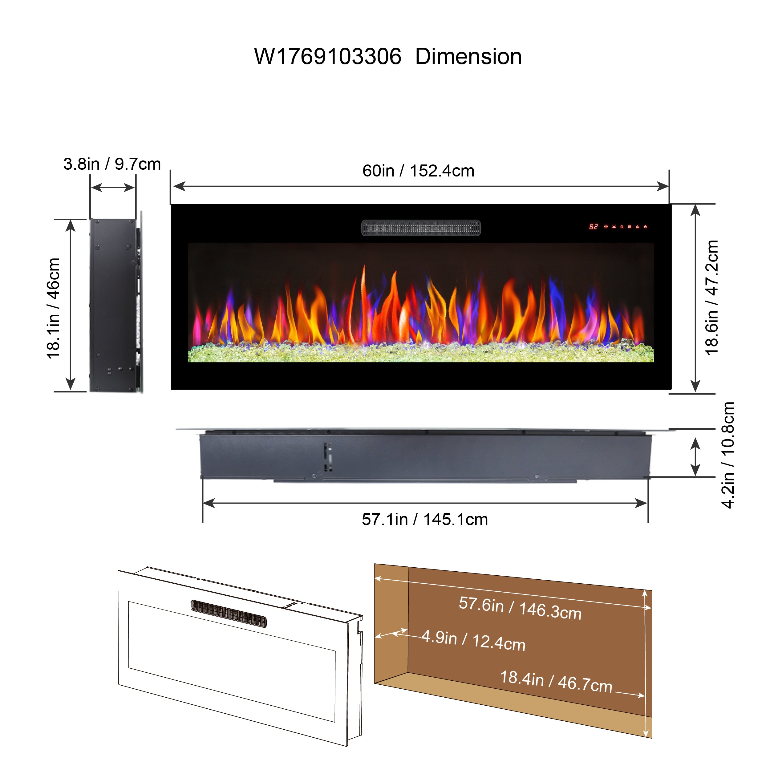 60 inch recessed ultra thin tempered glass front wall mounted electric fireplace with remote and multi color flame & emberbed, LED light heater - Grand Goldman Shop