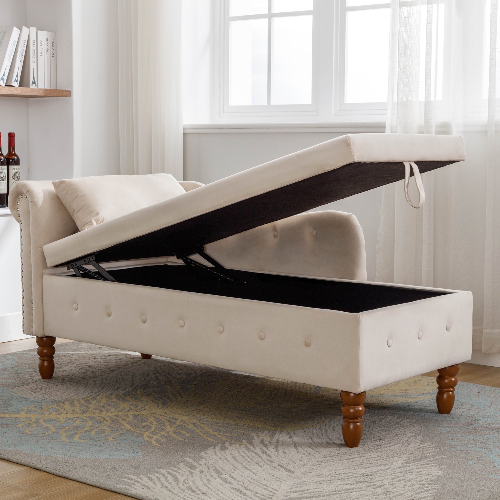 Beige Chaise Lounge Indoor, Velvet Lounge Chair for Bedroom with Storage & Pillow, Modern Upholstered Rolled Arm Chase Lounge for Sleeping with Nailhead Trim for Living Room Bedroom Office - Grand Goldman Shop
