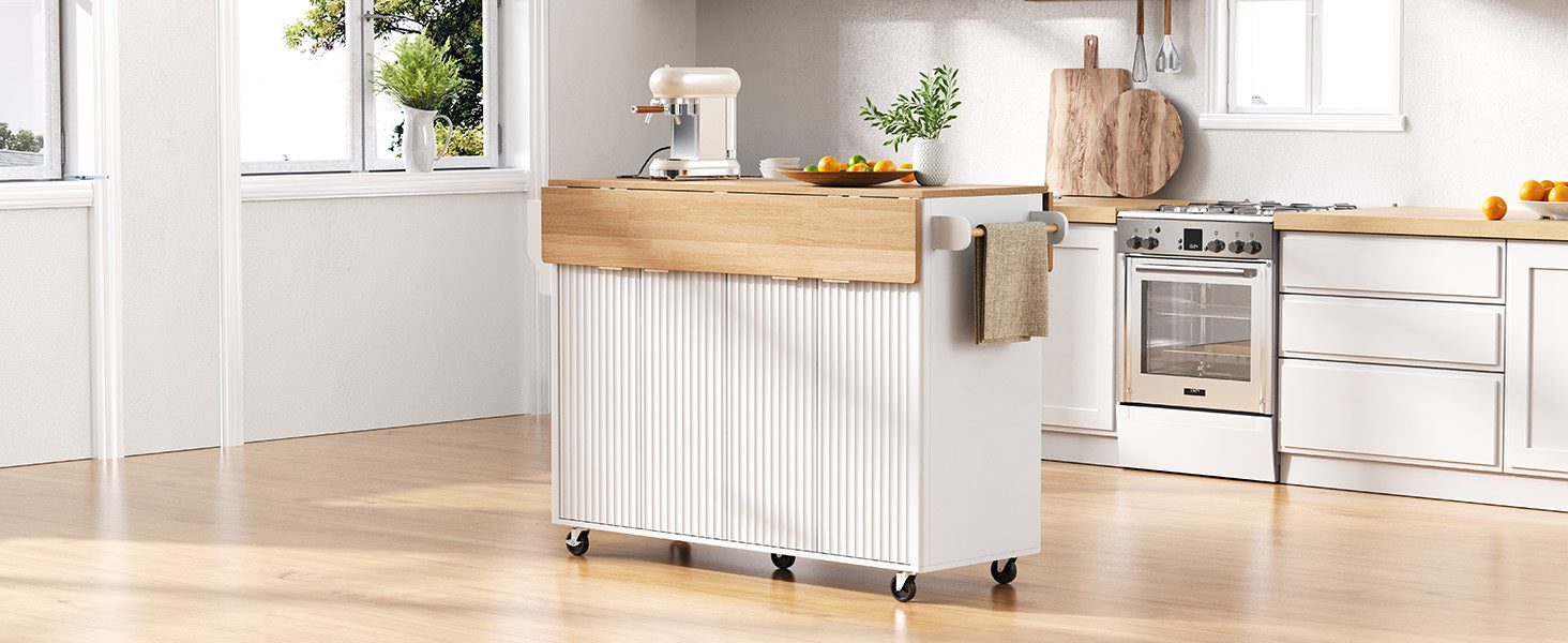 K&K 55.5' Fluted Kitchen Island with 2 Drop Leaf, Kitchen Storage Cart with Power Outlet, 4 Doors, Spice rack, Rolling Island Table with Wood-grain Top, Curved Edge for Kitchen, Dining Room,White - Grand Goldman Shop