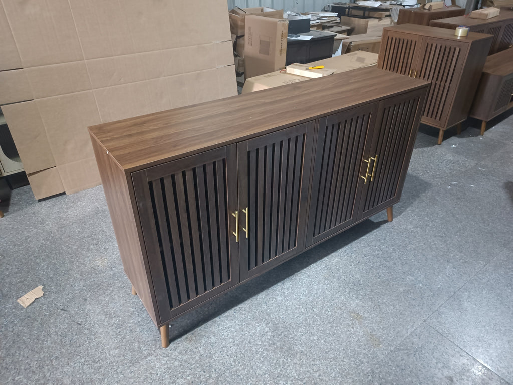 63 inch Grille-Striped Walnut Sideboard Buffet Cabinet with Storage, Multifunctional Accent for Dining Room, Living Room - Grand Goldman Shop
