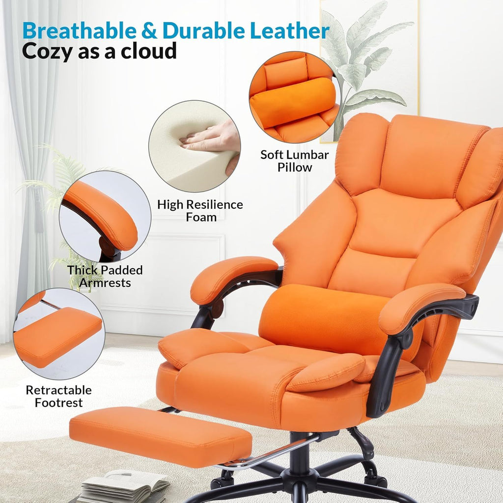 Office Chair with Foot Rest, Executive Office Chair with Arms, Reclining Computer Chair with Wheels and Lumbar Support, PU Le