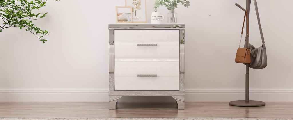 Elegant High Gloss Nightstand with Metal Handle,Mirrored Bedside Table with 2 Drawers for Bedroom,Living Room,White - Grand Goldman Shop