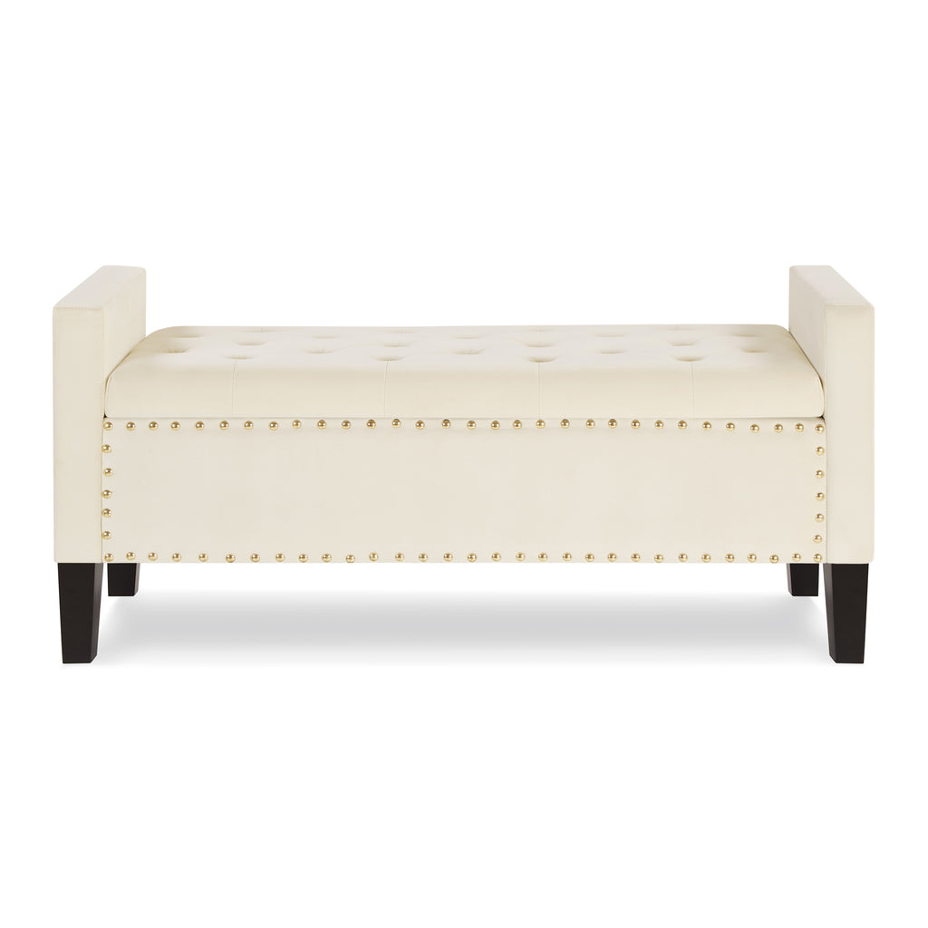 Upholstered Tufted Button Storage Bench with nails trim,Entryway Living Room Soft Padded Seat with Armrest,Bed Bench - Cream - Grand Goldman Shop