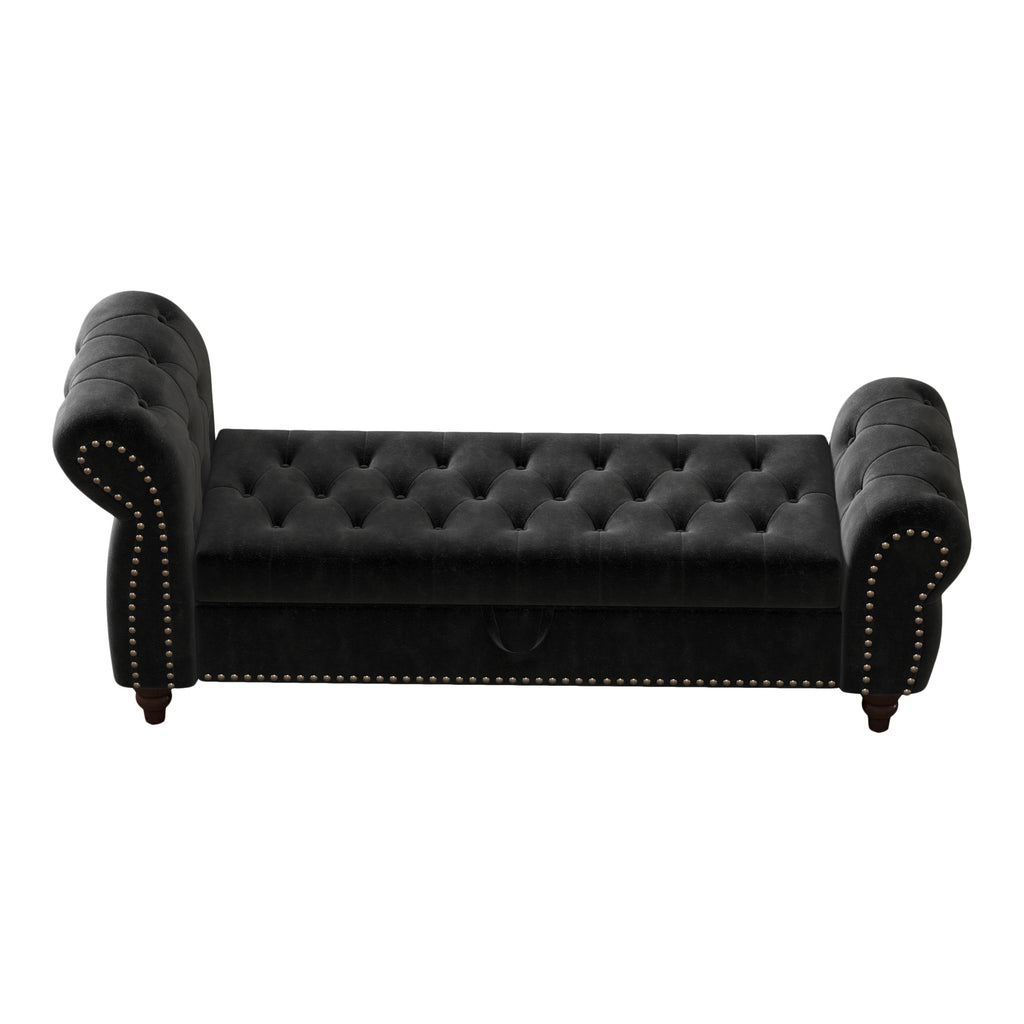 64.5' Bed Bench for Bed Room Nails Tufted Chaise of Lounge with Storage Velvet Upholstery Black - Grand Goldman Shop