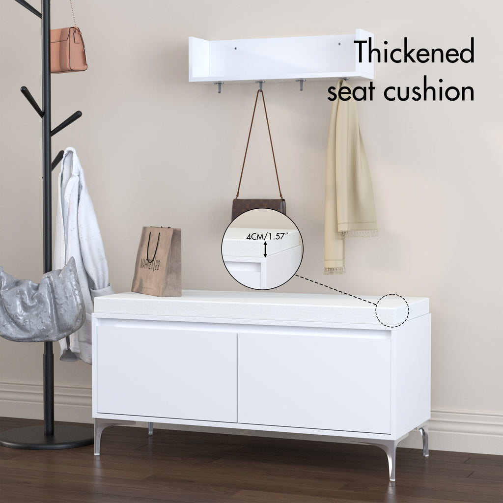 Modern White Wall-Mounted Entryway Shelf with Hooks and Storage Bench Set, Off White Metal & Wood, 39.37 x 15.75 x 19.49 inches - Grand Goldman Shop