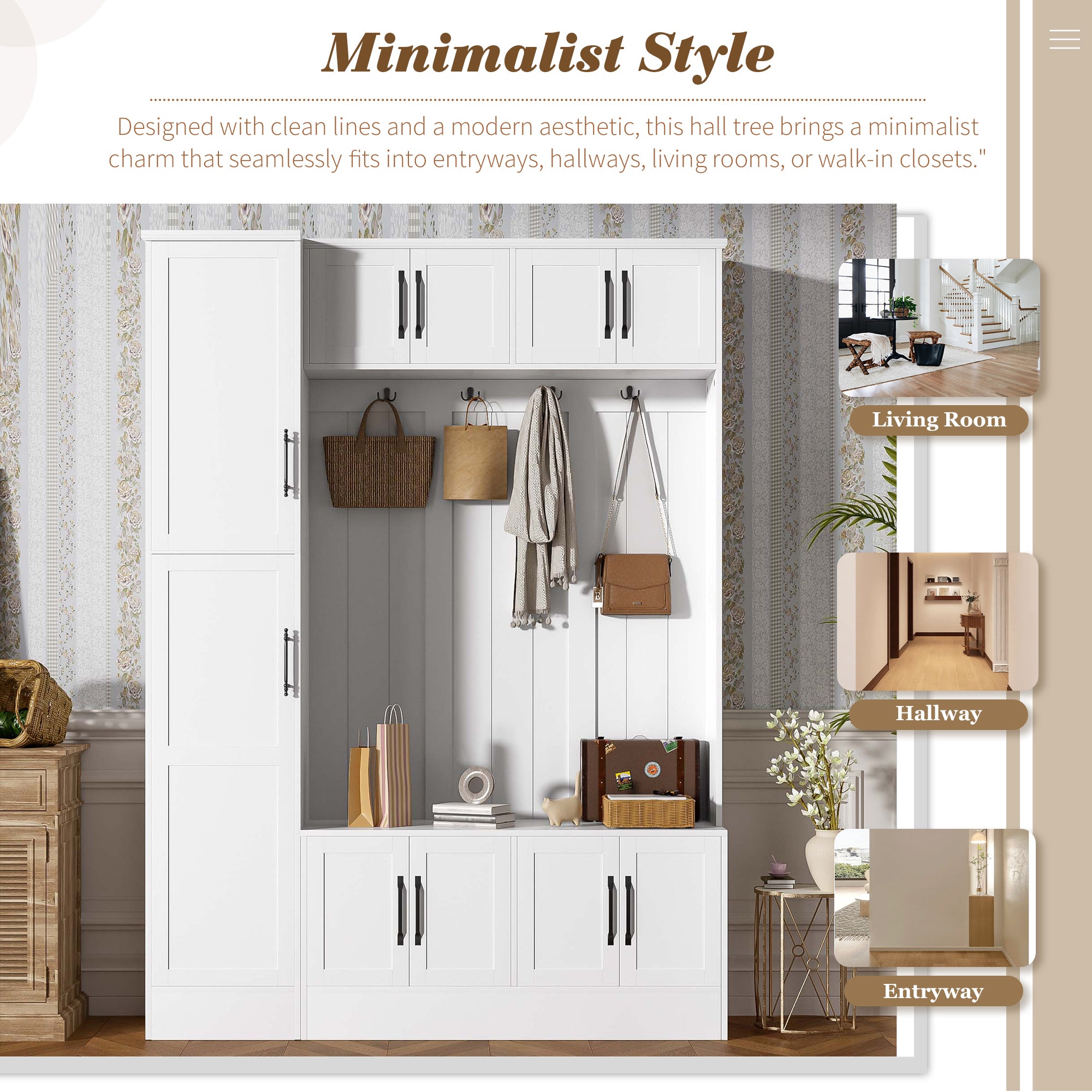 VIBE HAUS 79'' Tall Modern Hall Tree with Shoe Storage, 4-in-1 Entryway Bench with 6 Cabinets, 4 Coat Hooks & Adjustable Shelf for Hallway, living room, White - Grand Goldman Shop